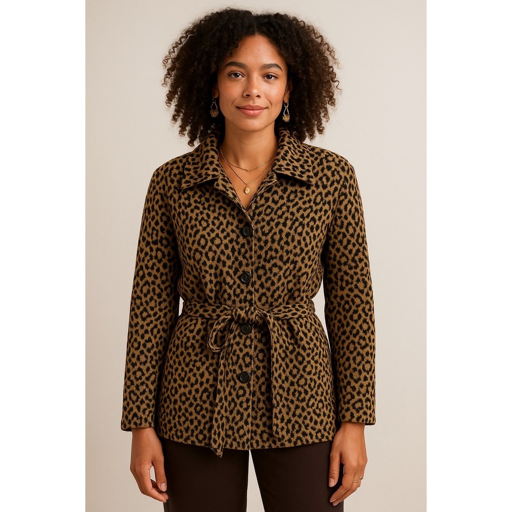 Carole Little Leopard Print Belted Jacket Women XL Tan Black Animal Pattern - Picture 1 of 8